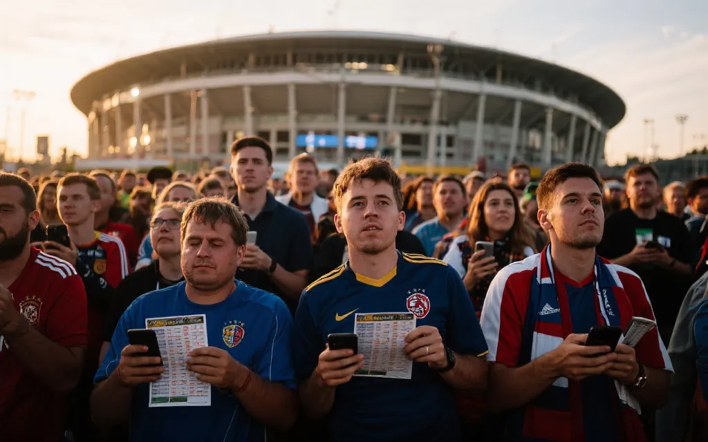 球迷在大型体育场外规划路线与观赛行程